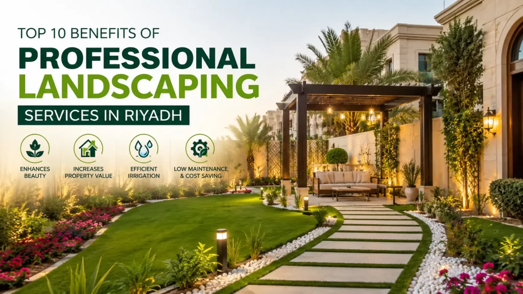 Beautiful professionally landscaped luxury villa garden in Riyadh featuring lush green lawn, modern pergola, decorative lighting, palm trees, stone walkway, efficient irrigation, and premium outdoor landscaping design.
