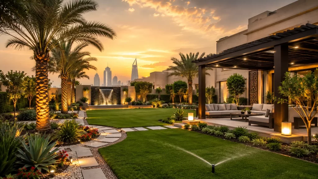 Luxury villa garden landscaping in Riyadh featuring palm trees, lush green lawn, smart irrigation sprinkler, elegant pergola seating area, decorative stone pathway, and modern outdoor living space at sunset.