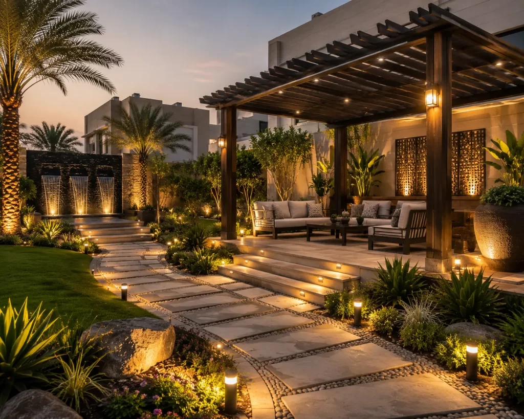 Luxury outdoor living space in Riyadh featuring a modern wooden pergola, decorative stone pathway, landscape lighting, palm trees, water feature, and premium hardscape garden design.