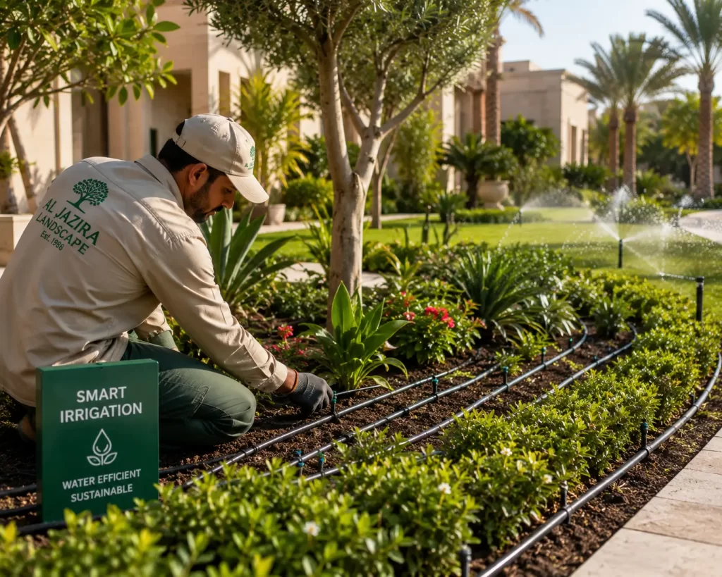 Professional landscaper installing a smart drip irrigation system in a luxury villa garden in Saudi Arabia, featuring water-efficient landscaping, healthy plants, green lawns, and sustainable irrigation technology.